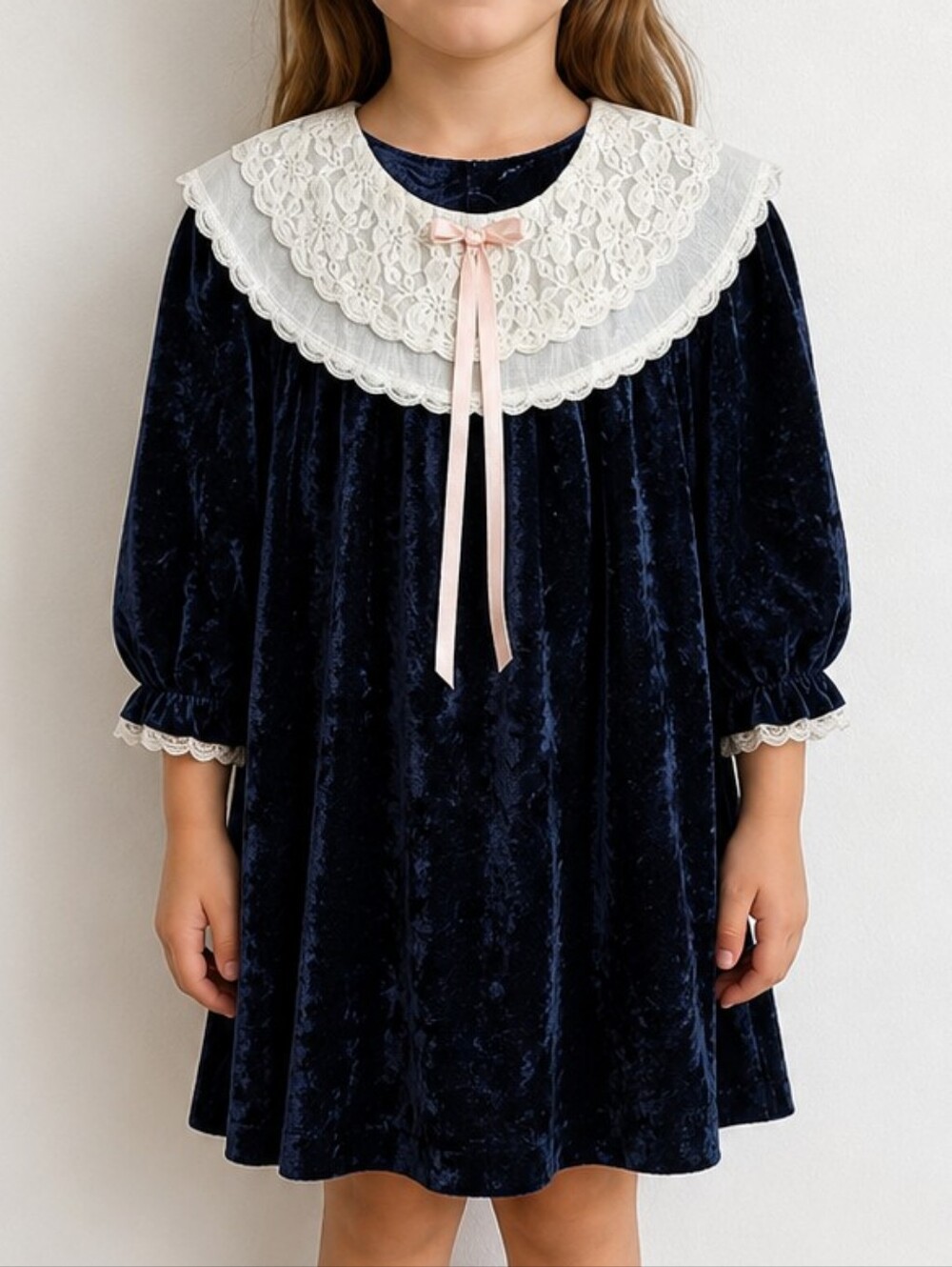 Vintage 1980s Joni Girl Navy Velvet Lace Collar Dress Girls Size 6X USA Made